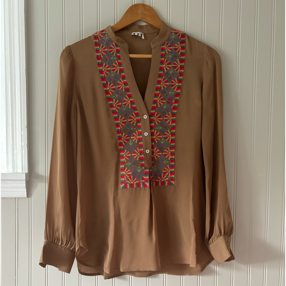 Haute Hippie Tan Button Down with Vibrant Embroidery